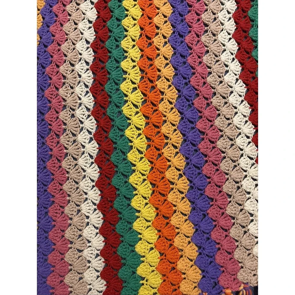 Handmade Crochet Blanket Afghan 63x43 Inches Multicolored Shell Or Fan Stitch